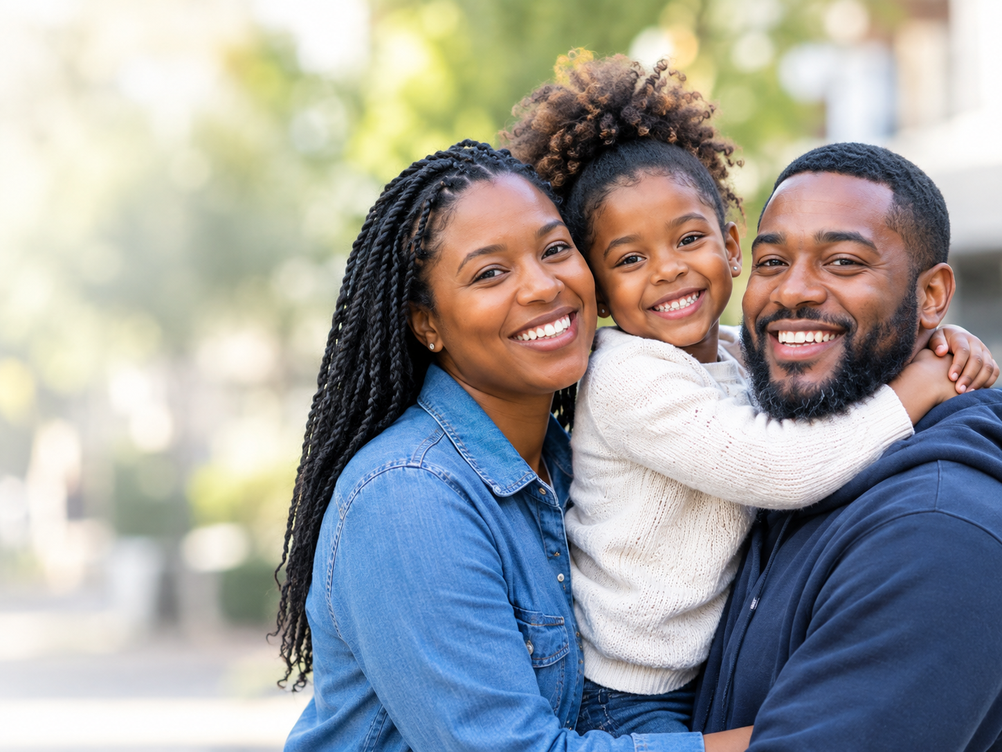 A mother and father smiling with their young daughter outdoors