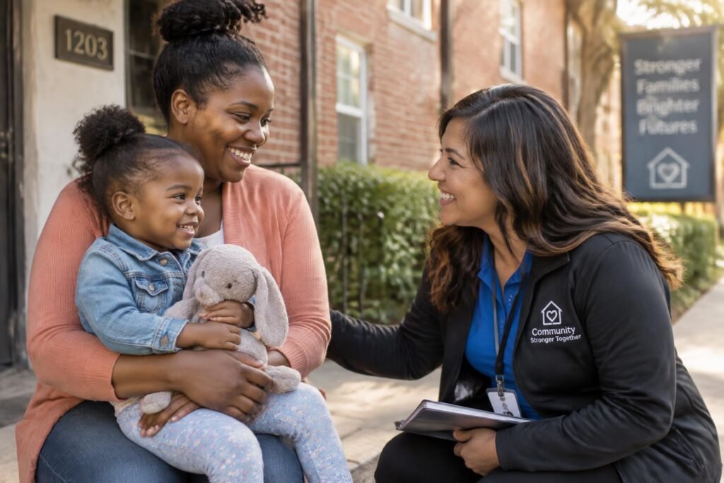 Healthcare provider consulting with a parent and child during a pediatric healthcare visit