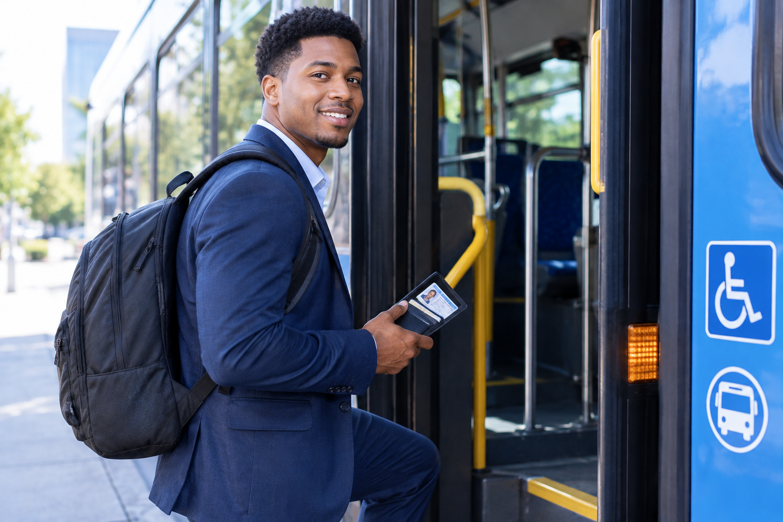 Job seeker commuting to work using accessible public transportation