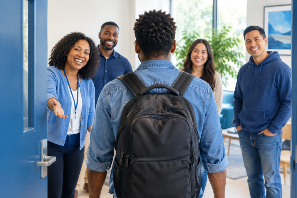 Individual participating in a reentry program and connecting with community support services